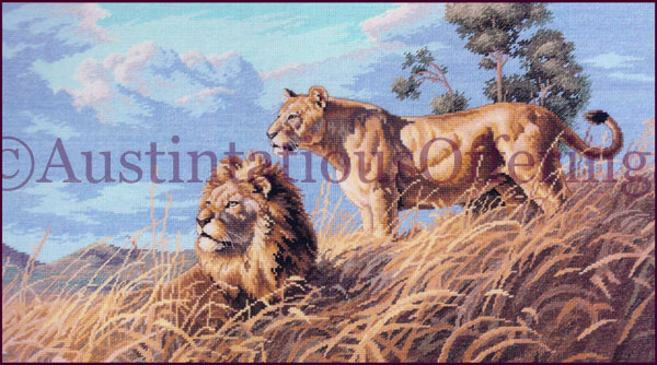 Rare Don Grant African Evening Repro Cross Stitch Kit Lion Pair