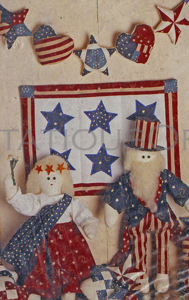 Rare Inoue Patriotic Doll Quilt and Ornament Set Uncle Sam Lady Liberty Red White Blue