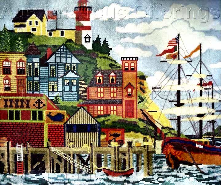 Rare Seaside Americana FolkArt Harbor Village Needlepoint Kit