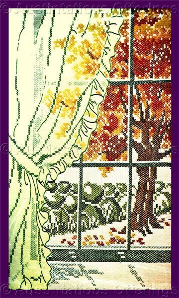 Rare Alessi Autumn Window View Stamped Cross Stitch Kit Linen