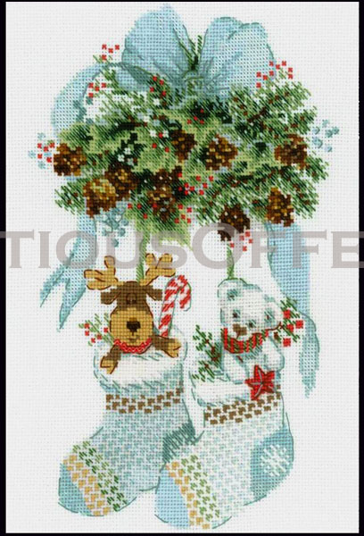 Pine Cone Ribbons Cross Stitch Kit Teddy Bear Reindeer Stockings