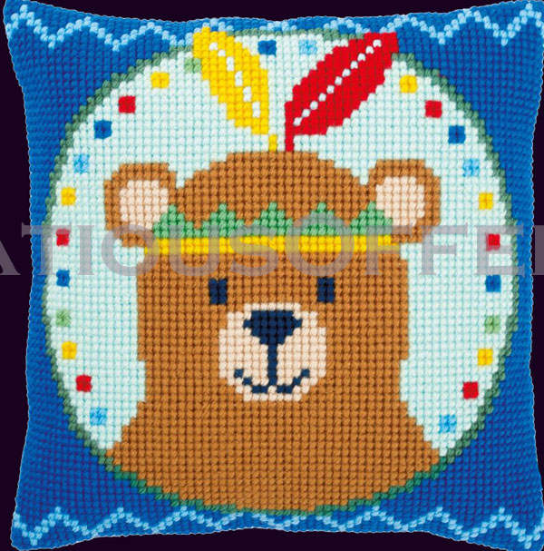 Bear w Feather Needlepoint Pillow Kit Lg Count Cross Stitch Kit