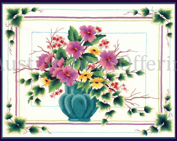 Rare Marchie Floral Branches Aqua Urn Crewel Embroidery Kit