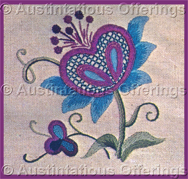 Rare Blue Jacobean Flower Beginner Crewel Embroidery Kit Teach