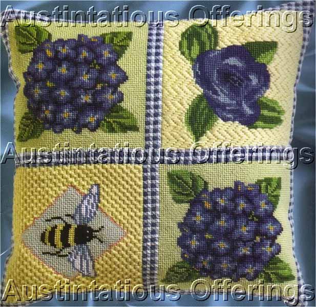 Rare Brumfield Textured Bee NeedlepointPillow Kit Blue Hydrangea