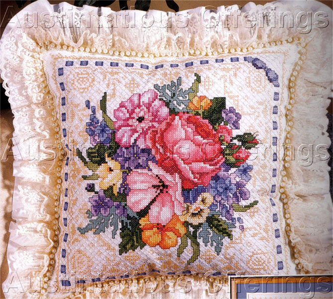 Rare Baatz Stamped Cross Stitch Kit Rose Bouquet on Lace