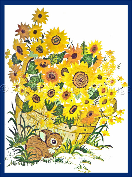 Rare Baby Rabbit with Sunflower Basket Crewel Embroidery Kit
