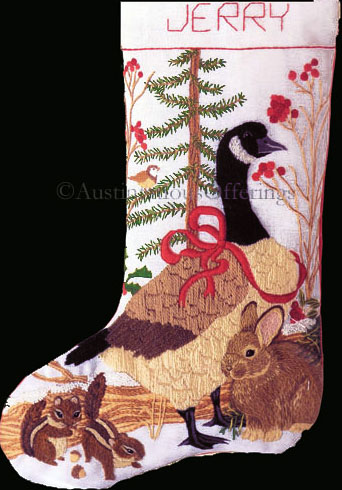 Rare Christmas Goose Woodland Animals Crewel Embroidery Stocking Kit