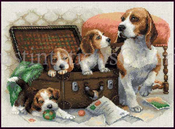 Gusarova Beagle Family CrossStitch Kit Basket Playful Puppy Dogs