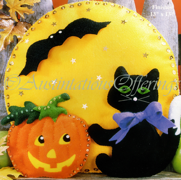 Rare Halloween Felt Embroidery Kit Cat Pumpkin Moon Bat