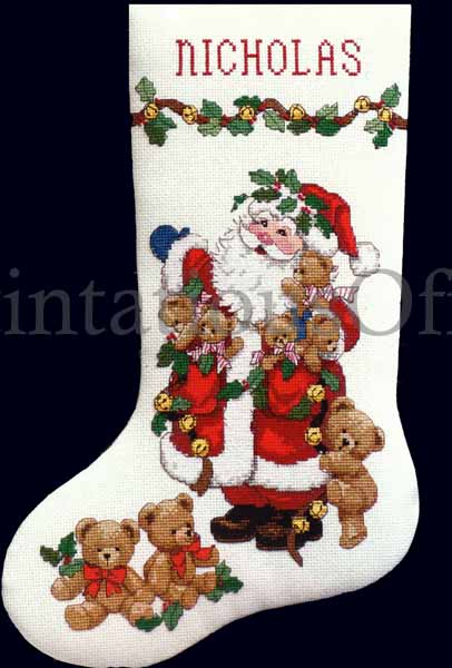 Rare Morehead Santa w Cuddly Teddies CrossStitch Stocking Kit