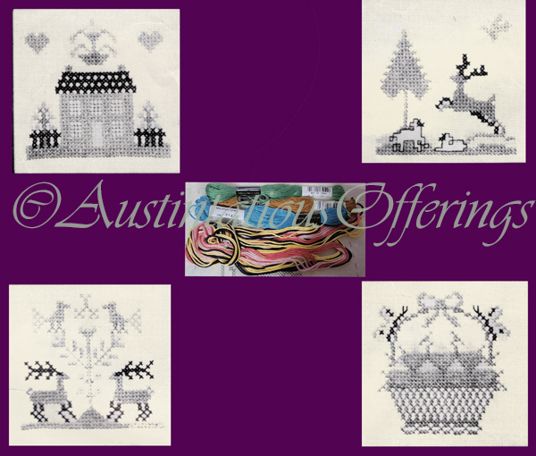 Rare Folkart Miniatures Stamped Cross Stitch Kit Saltbox Deer Fruitbasket More