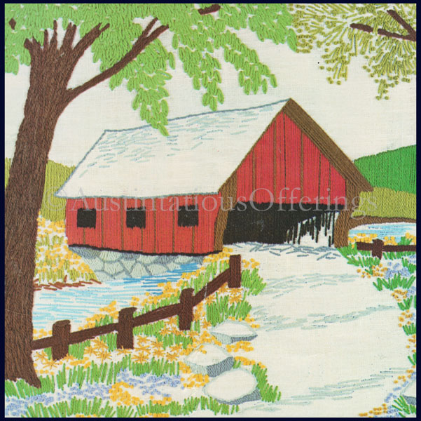 Rare Summer Landscape Scene Crewel Embroidery Kit Covered Bridge