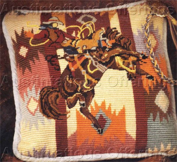 Rare Southwest Kilim Needlepoint Pillow Kit Cowboy Bronco Horse