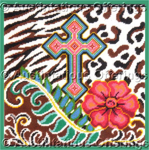 A Peterson Needlepoint Kit Flower Cross Feather on Animal Prints