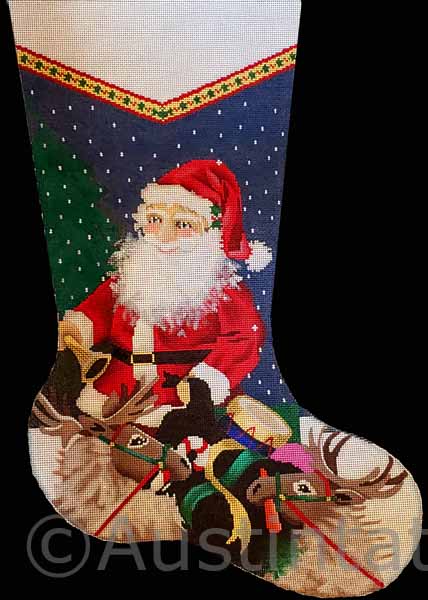 Rare Hand Painted Reindeer and Santa Needlepoint Stocking Canvas