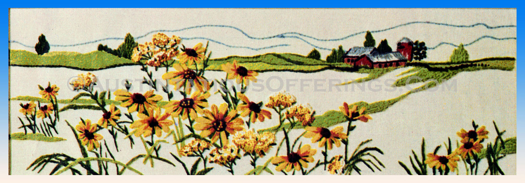 Rare Summer Country Scene Daisies Farmland Crewel Embroidery Kit