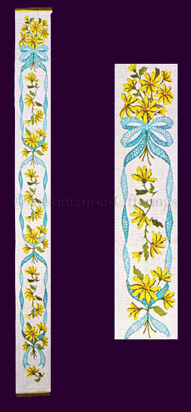 Rare Lemon Yellow Daisies and Blue Ribbon Crewel Embroidery Bellpull Kit
