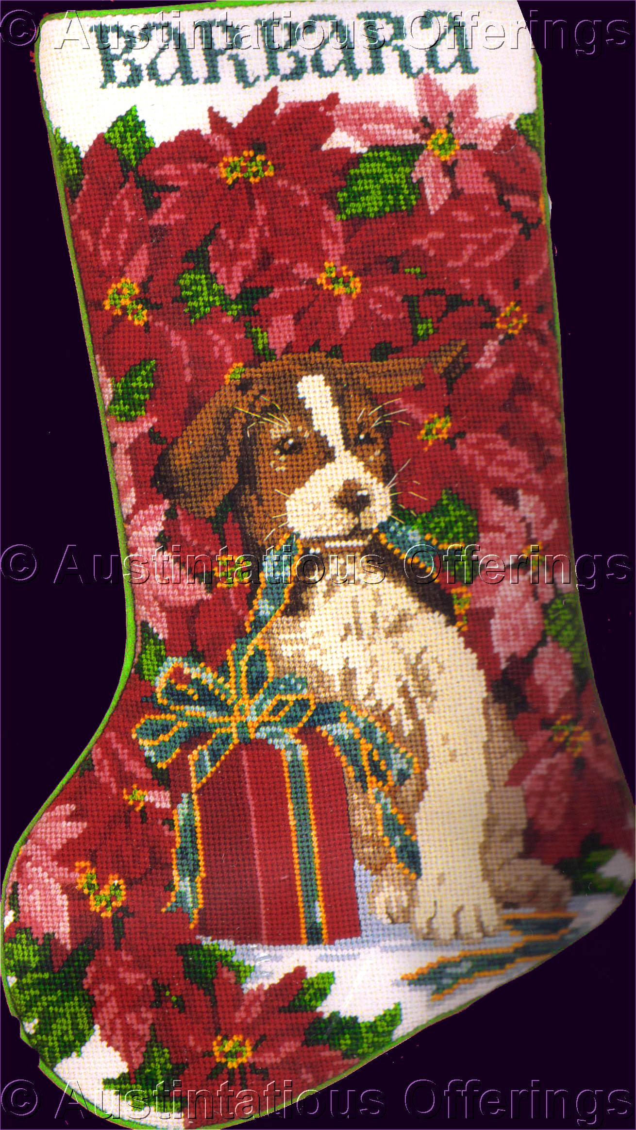 Rare Carroll Christmas Puppy Needlepoint Stocking Kit Poinsettia