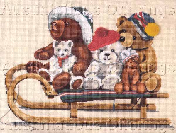 Rare Barton Winter Teddy Bears Needlepoint Kit DownHill Sledding