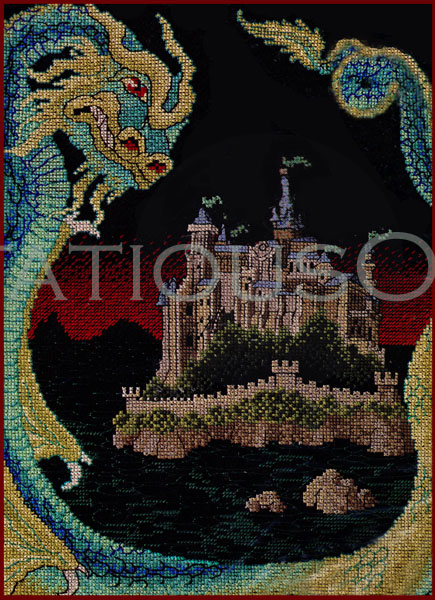 Rare Spurlock Dragon Castle Island Fantasy Cross Stitch Kit