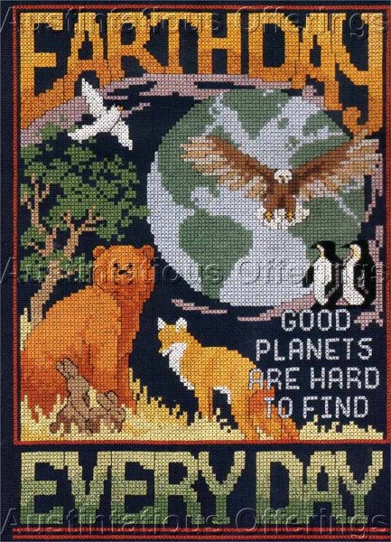 Rare Lugana Earth Day Poster Repro Cross Stitch Kit Bear Fox