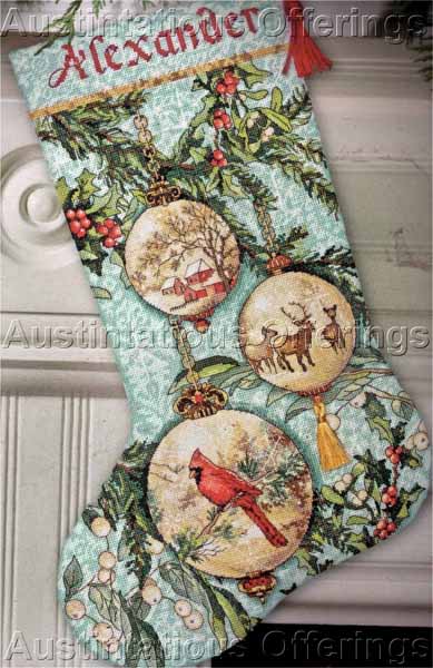 Vintage Christmas Ornaments Cross Stitch Stocking Kit Aqua Tones