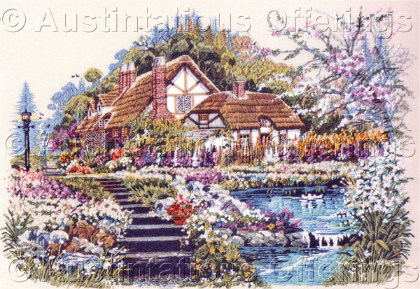 Rare Orpinas Cottage Crewel Embroidery Kit Pondside FlowerGarden