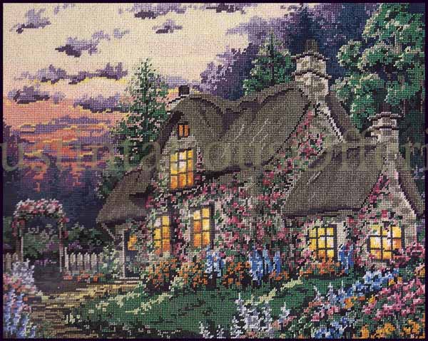 Rare Cottage Garden at Twilight Needlepoint Kit Thatched Roof
