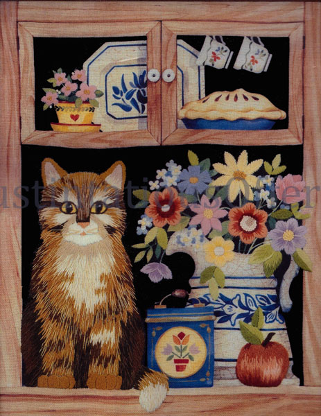 Rare Marchie FolkArt Kitty Cat in Cupboard Crewel Embroidery Kit
