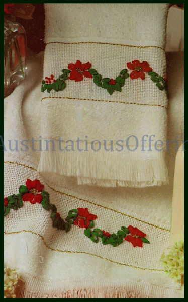 Holiday Towel Set Ribbon Embroidery Christmas Poinsettia Garland