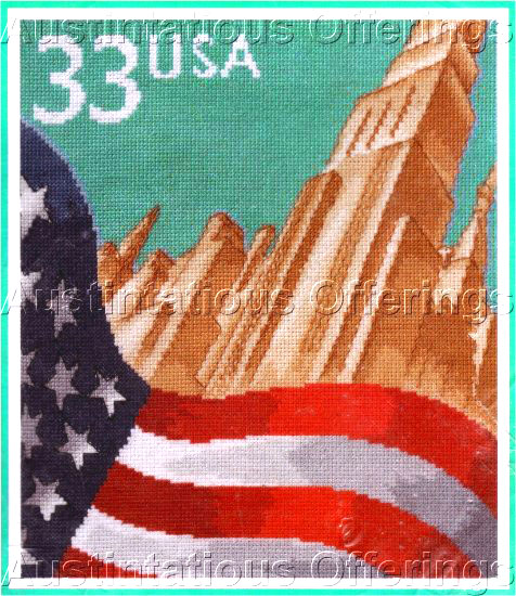 Rare Postal Art Repro Cross Stitch Kit USA Flag on American City
