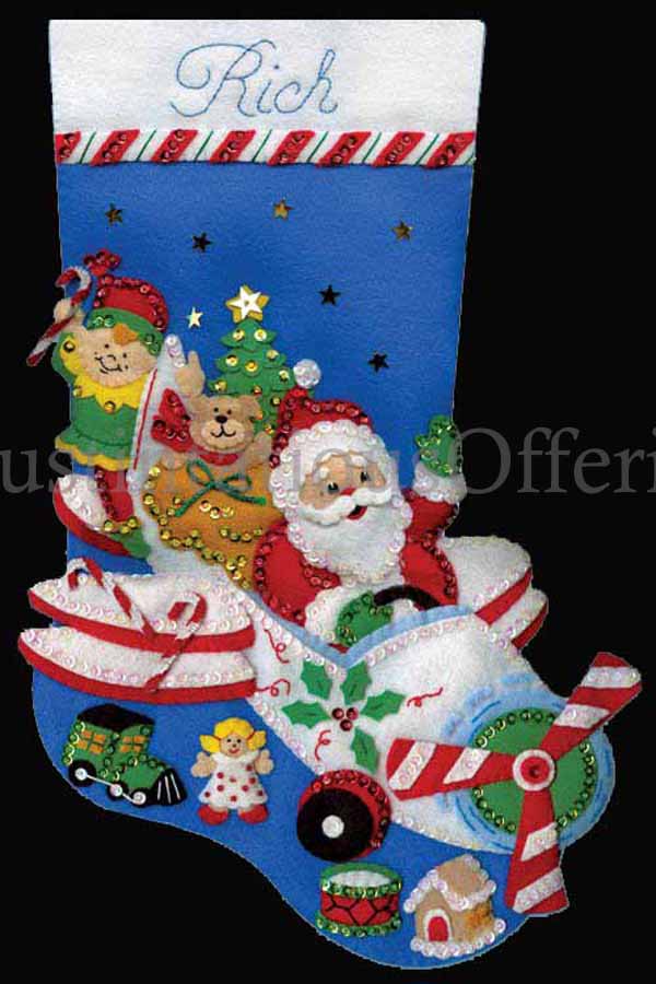 Felt Applique Airplane SantaClaus and Elf Christmas Stocking Kit