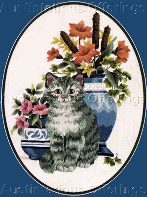 Rare Williams FolkArt Kitty Cat Crewel Embroidery Kit Marchie