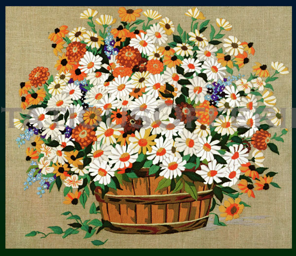 Rare Summer Floral Bucket  Zinnias Daisies Crewel Embroidery Kit