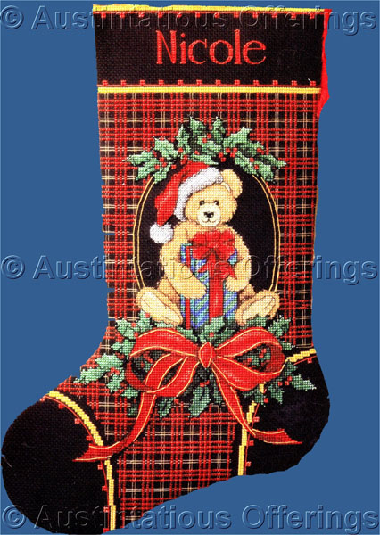 Nostalgic Santa Bear Cross Stitch Stocking Kit Christmas Plaid