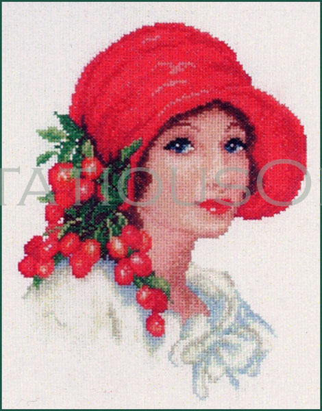 Stylish Lady Red Cloche Hat Cross Stitch Kit Millinery Cherries