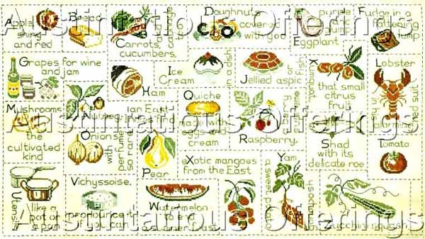 Rare Gourmand Stamped Cross Stitch Sampler Kit Food Alphabet