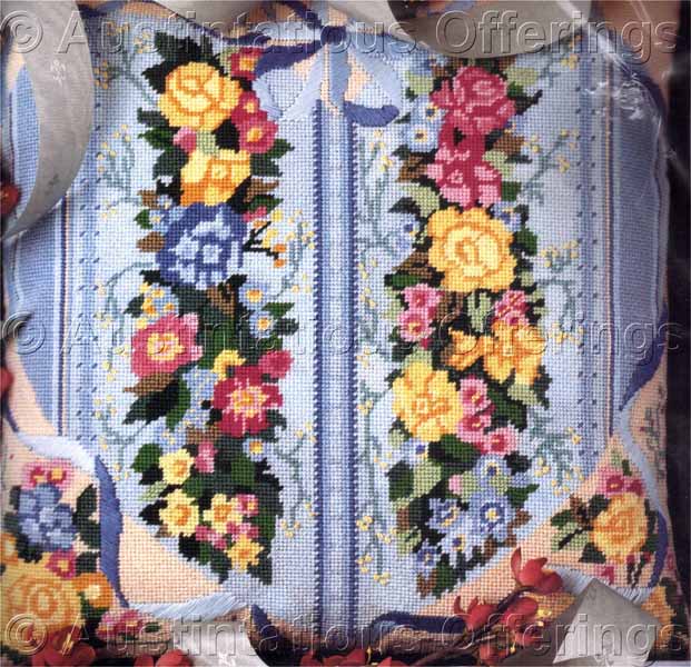 Blue Floral Heart Needlepoint Pillow Kit GrosGrain Ribbon Flower