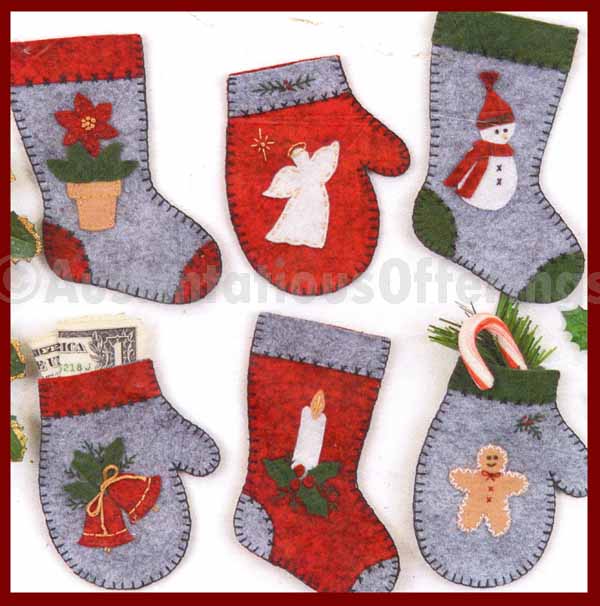 Holiday Mittens Stocking Felt Applique Embroidery Ornaments Kit
