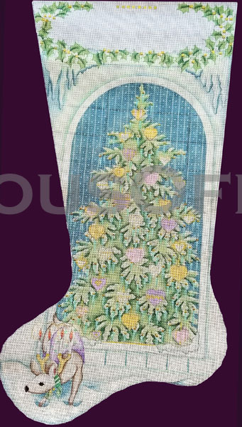 Rare Shirley HandPainted Xmas Tree Needlepoint Stocking Canvas