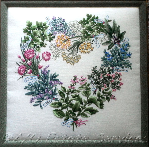 Williams HerbWreath Framed Crewel Embroidery Artwork Barbara Ann