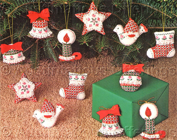 Felt Applique Set of Twelve Holiday Assortment Ornaments