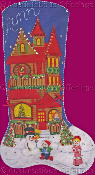 Rare Christmas FeltApplique Decorated Holiday House Stocking Kit