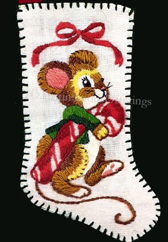 Rare Mini Christmas Stocking Crewel Embroidery  Kit Candy Cane Mouse