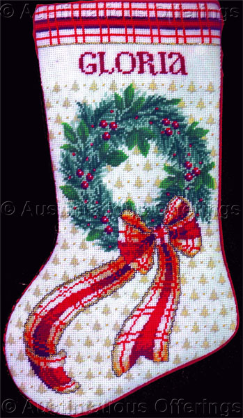 Rare LeClair Christmas Holiday Wreath Needlepoint Stocking Kit