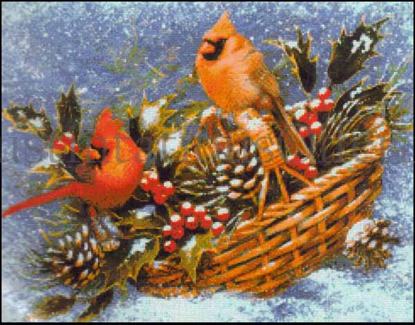 Rare Mitchell Winter Cardinals Cross Stitch Kit Pinecones Holly