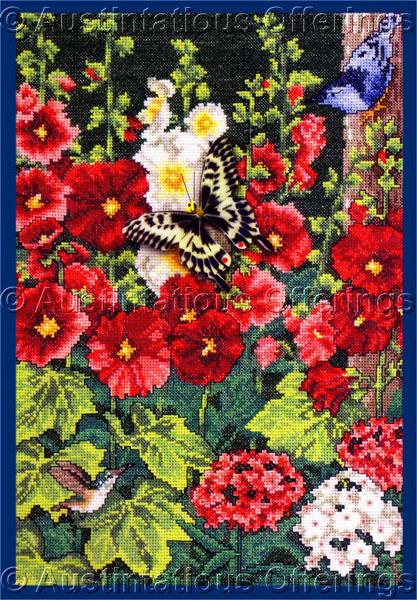 Rare Detwiler Hollyhock Garden Cross Stitch Kit Birds Butterfly