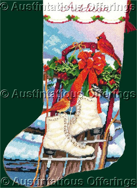 Ice Skates Stocking Needlepoint Kit, 16 Long, Stitched In Wool and Thread  