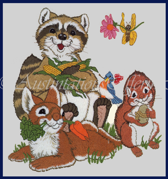 Rare Powell Critters Crewel Embroidery Kit Raccoon Bluebird Bunny Squirrel